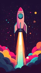 Naklejka premium A pink rocket rises from colorful clouds, in a simple, flat illustration style with clean lines and vector graphics.