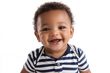 Smiling baby with striped shirt showing first teeth against white background Generative AI