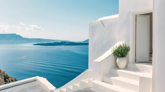 A whitewashed building with a doorway and steps overlooking the Aegean Sea and the Greek islands of Santorini, Combine traditional Greek architectural motifs with minimalist design principles