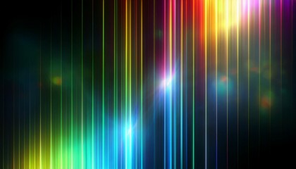 Film leak overlay with neon colored stripes and shimmering effects. Rainbow lens flare on glass or film filter with bokeh and laser beams.