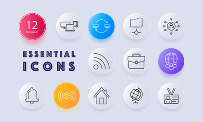 Global network set icon. Computers, file sharing, person connections, Wi-Fi, briefcase, globe, notification, signal, house, globe, ID card