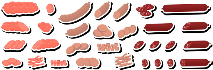 Illustration on theme big set different types delicatessen meat sausages
