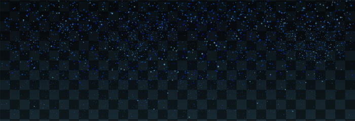 Blue glowing particles floating on transparent background. Abstract glittering dust, shiny sparkles, and bokeh effects