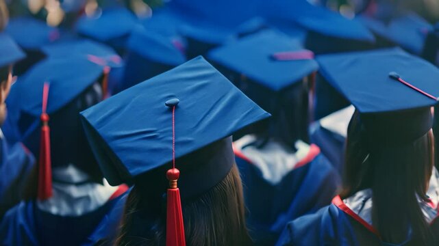 A close-up view of a line of graduates wearing blue caps and gowns, symbolizing the start of a new chapter in their lives, Commemorating the beginning of a new chapter in your career with us