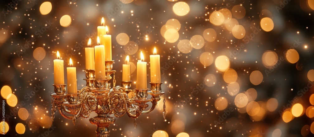 Poster golden candelabra with burning candles in front of a bokeh background.