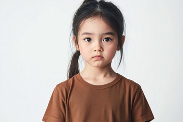 Photo of unhappy sad asian american girl wear brown shirt looking empty space isolated white color background