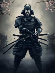 Naklejka premium Japanese samurai warrior in dark