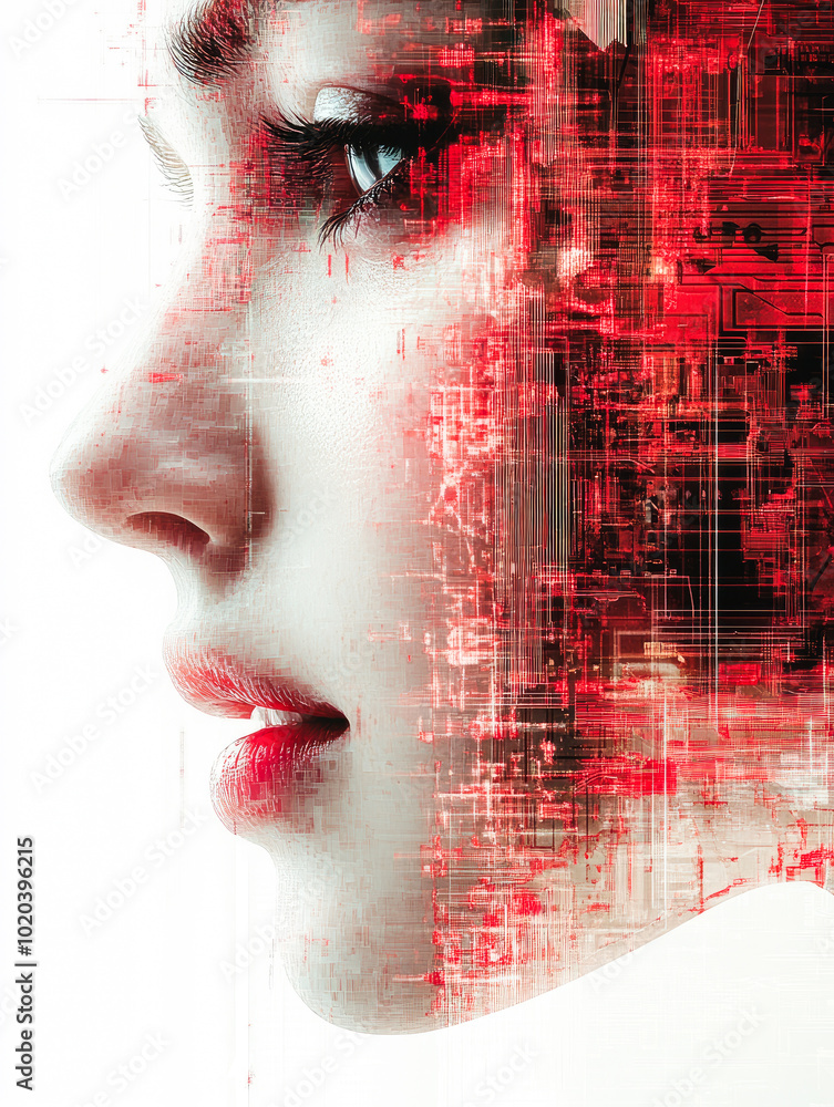 Aufkleber the artwork shows a profile view infused with digital elements and a tech grid, showcasing technolog