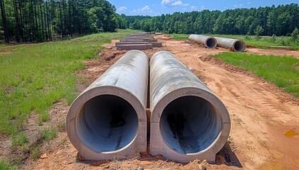Photograph of Large Concrete Pipes Being Constructed for Water and Gas Transportation, Showcasing the Extensive Distance They Cover