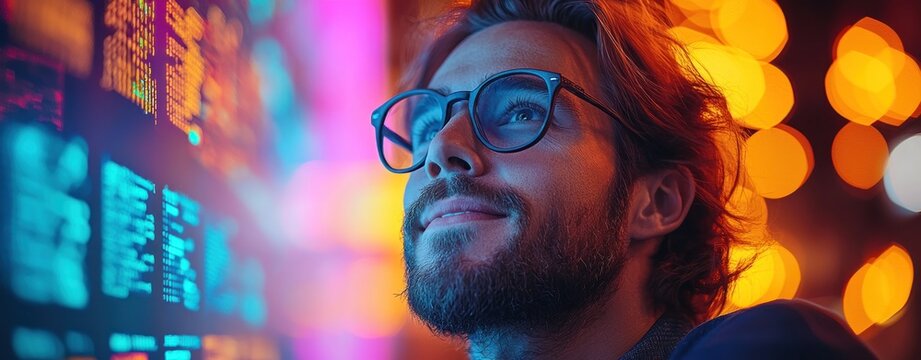 Smiling man with glasses looking at colorful code on screen in a dark room Generative AI - Powered by Adobe
