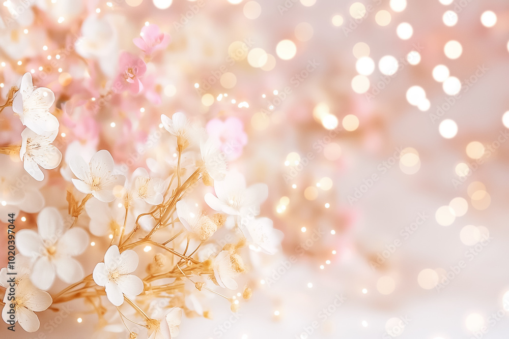 Poster a breathtaking display of soft white and pink blossoms is complemented by shimmering bokeh lights, c