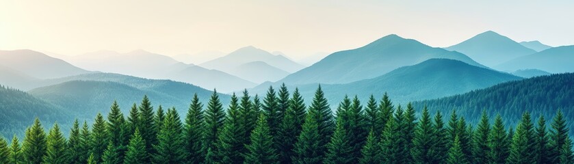 Panoramic View of Evergreen Forest with Majestic Mountain Range in the Background