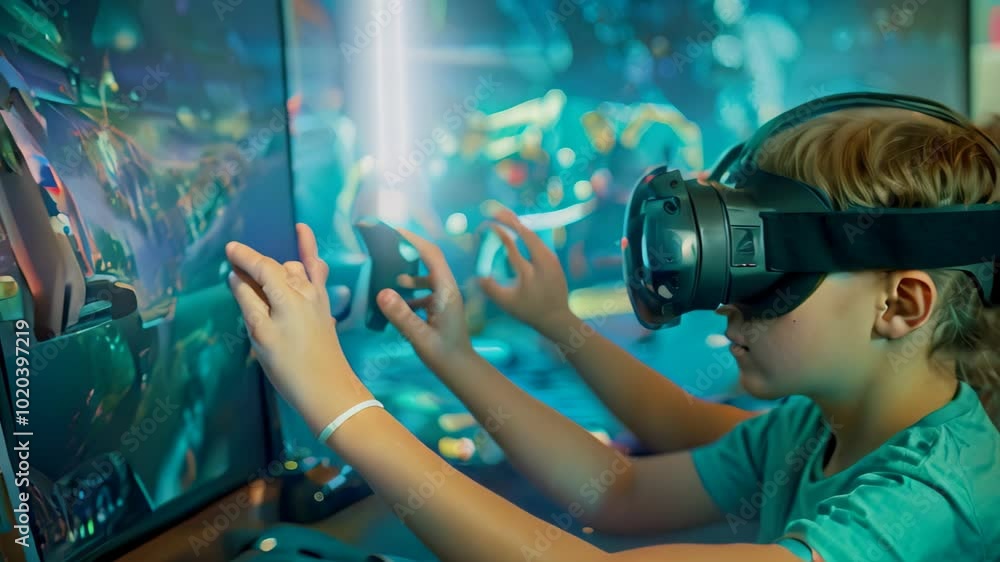 Poster a young student uses a virtual reality headset to participate in a classroom lesson, connecting real