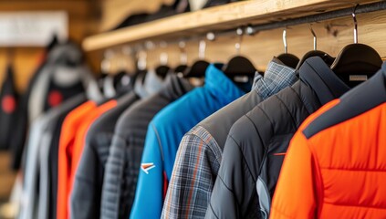 Fototapeta premium Rustic Wooden Wall with Hangers Showcasing an Array of Outdoor Jackets and Plaid Shirts in Earthy Tones