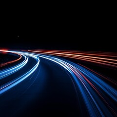 Abstract Night Traffic, Light Trails From Cars On Highway, Long Exposure Motion Blurred Effect