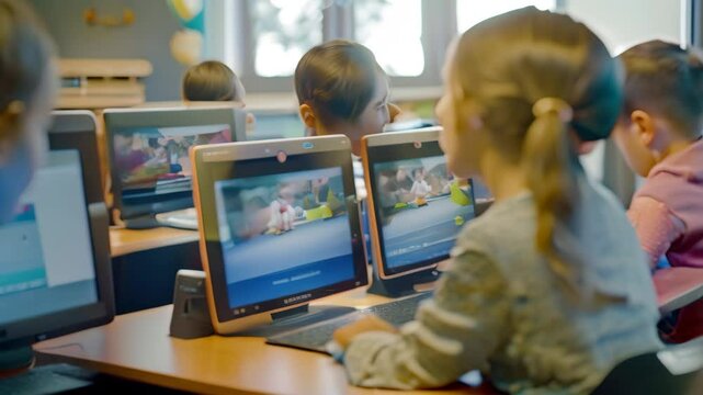 Elementary school students in a classroom use laptops for interactive learning, Connecting real-world applications to classroom lessons
