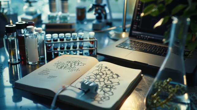 Amidst test tubes and a laptop, a detailed chemical sketch fills an open book, embodying the focused energy of scientific curiosity and nighttime study.