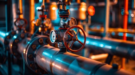 Fototapeta premium Industrial pipes and gauges with a focus on vibrant valves, set against an atmospheric blue-orange backdrop.