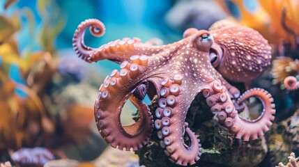 Obraz premium A vibrant octopus elegantly entwines its tentacles among coral, showcasing the marvel of marine life and underwater beauty.