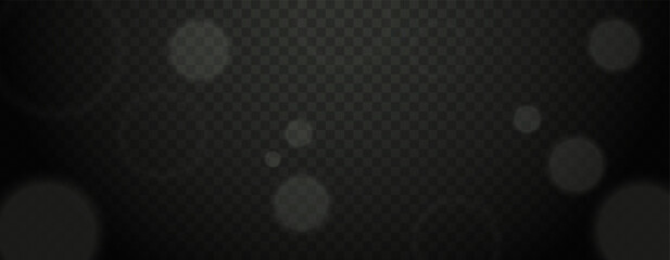 Abstract white bokeh light effect with glowing particles on transparent background. Blurred circles in dark atmosphere