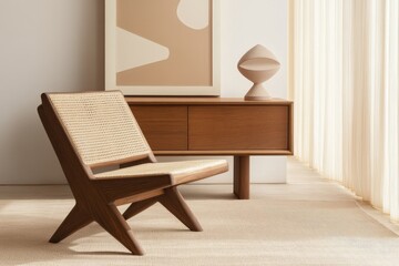 Scandinavian-Inspired Sideboard with Rattan Accents, Complemented by Elegant Wooden Armchair and Abstract Art Pieces on the Wall, Creating Stylish Home Decor Composition in Neutral Tones