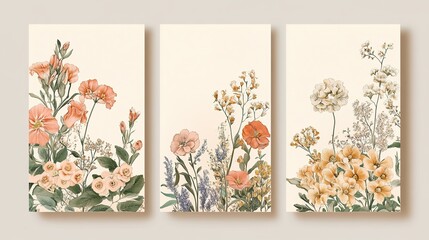 Elegant Set of Floral Invitation Save the Date Cards Featuring Detailed Various Flowers, Ideal for Luxury Vintage Botanical Themed Events and Brochure Design