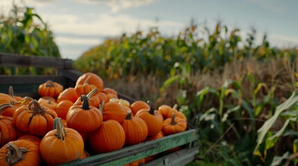 A rustic cart overflows with bright orange pumpkins against a lush, sunlit cornfield backdrop, celebrating the bounty of autumn.