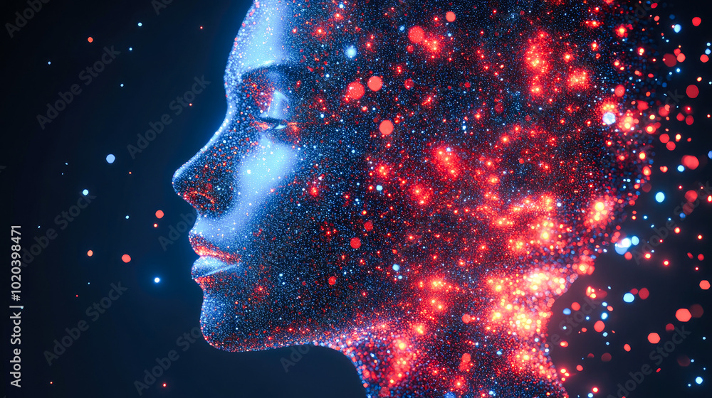 Poster a digital artwork showing a vibrant and abstract face made entirely from glowing particles in a cosm