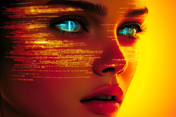 A vibrant close-up of a person's face, exploring themes of futuristic technology through neon digital streams and light.