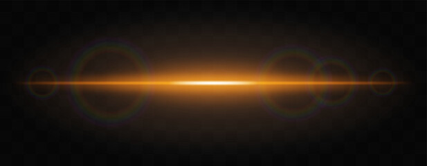 Horizontal golden light effect with lens flare isolated on transparent background. Abstract glowing lines with circular reflections. Neon light stripes and shiny rays