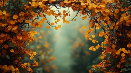 Golden Leaves Framing a Misty Forest Path