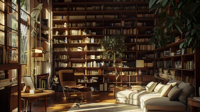 An elegant library with floor-to-ceiling bookshelves bathed in warm light, inviting readers to explore its vast collection.