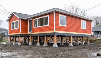 New home under construction sitting on concrete and wood pilings