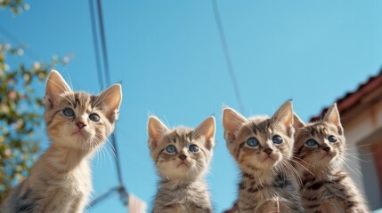 Four curious kittens gaze into the blue sky with wonder, embodying innocence and playful curiosity.
