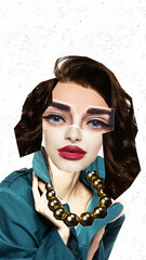 Elegant woman with bold red lips, chunky gold necklace, and teal jacket. Geometric cut-out face add chic, avant-garde fashion twist. Contemporary art collage. Concept of bold fashion trends, style