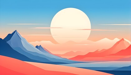 minimalist landscape with stylized mountains and a setting sun represented by simple geometric shapes in muted pastel tones