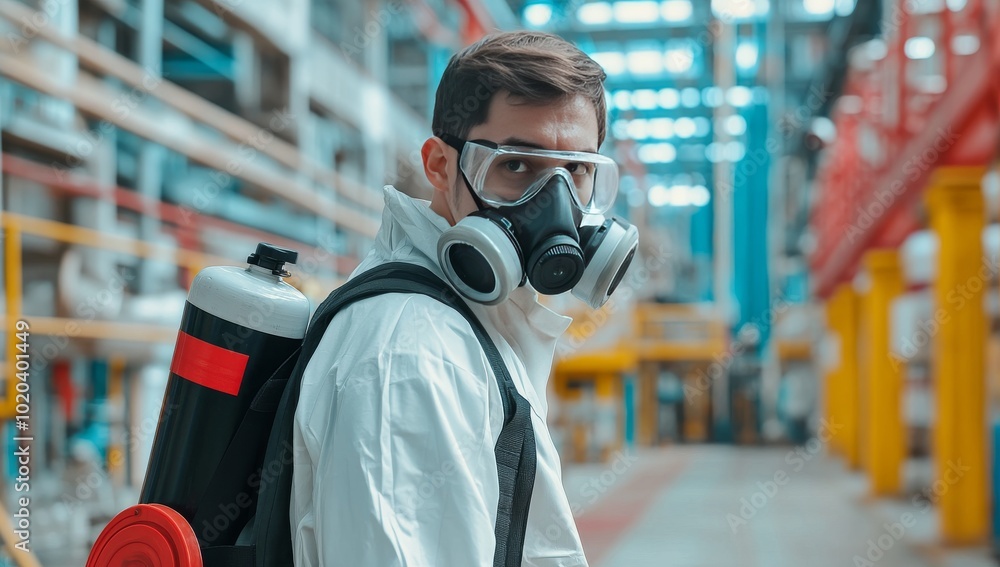 Wall mural worker wearing protective gear against the backdrop of an industrial facility, ready to vacation on 