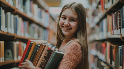 A young woman beams with delight as she holds a stack of books in a library, embodying the joy of learning and discovery.
