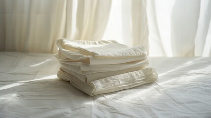 Soft, cream-colored linens gently folded, basking in soft light through sheer curtains, exuding calm elegance and restful comfort.