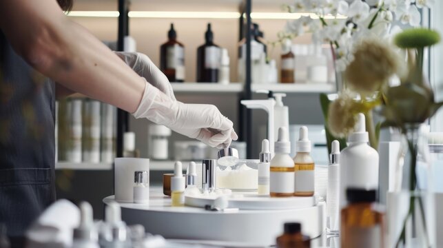 A person in gloves carefully pours ingredients for skincare products, surrounded by a modern laboratory setting and glass bottles. - Powered by Adobe