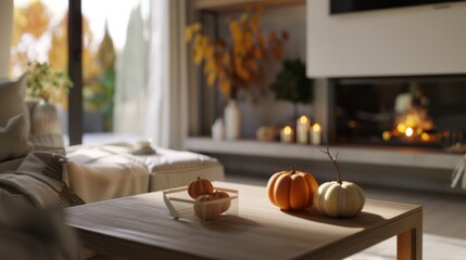Warm autumn light fills a cozy living room adorned with pumpkins and soft textures, radiating a serene fall ambiance.