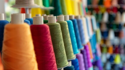 A vibrant display of thread spools in all the colors of the rainbow lines a shelf, celebrating the art of sewing and creativity.