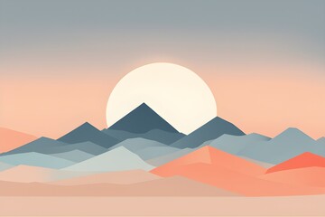 Fototapeta premium minimalist landscape with stylized mountains and a setting sun represented by simple geometric shapes in muted pastel tones