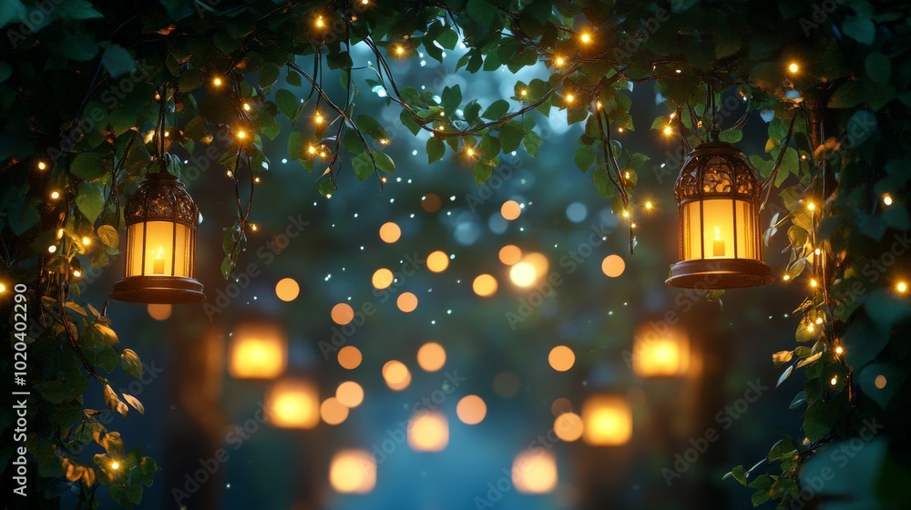 Poster two lanterns hanging from twigs with string lights in a forest at night