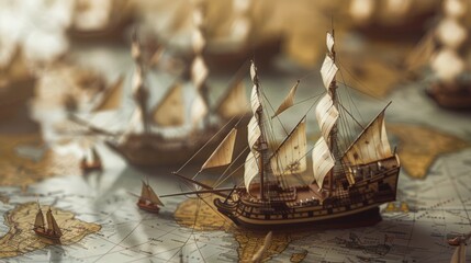 Majestic model ships sail across a vintage map, evoking historical exploration and maritime adventure under a warm, nostalgic glow.