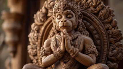 A hand-carved wooden sculpture of Lord Hanuman bowing in devotion, with intricate details on his attire and humble posture, made from teak wood, representing strength and humility