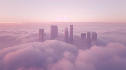 Fototapeta premium Skyscrapers emerge from a sea of clouds at dawn, creating a surreal and calm skyline, bathed in pastel hues of a waking city.