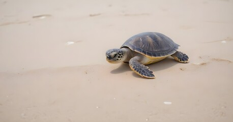 A baby sea turtle crawling on the sandy beach