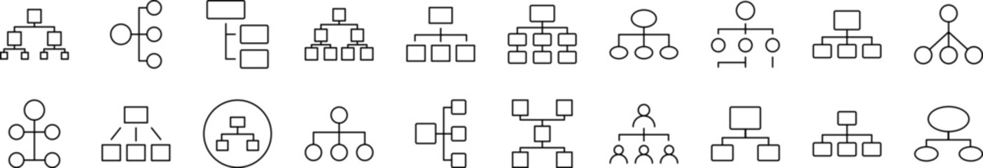 Mind Map or Hierarchy Thin Icons Collection. Editable Stroke. Suitable for Web Sites, Books, Cards, Apps