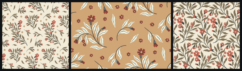Seamless floral pattern, decorative art ditsy print, abstract vintage style ornament. Botanical design of hand drawn fall plants, small flowers, branches, large leaves in beige. Vector illustration.